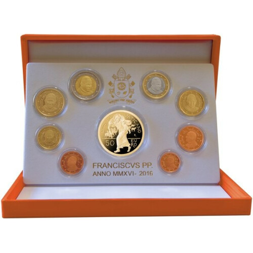Offizieller Euro Kursmünzensatz Vatikan 2016 Polierte Platte (PP) inkl. 50 Euro Goldmünze