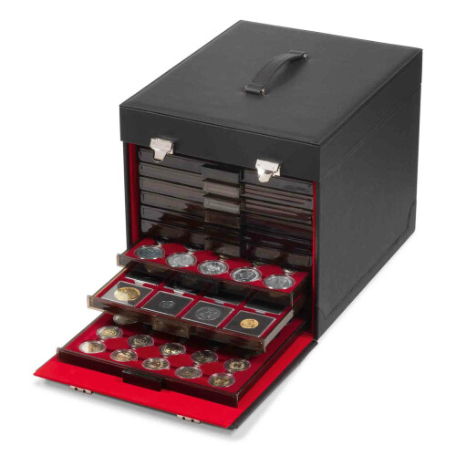 Münzkoffer schwarz, aus Kunstleder für 10 Münzboxen