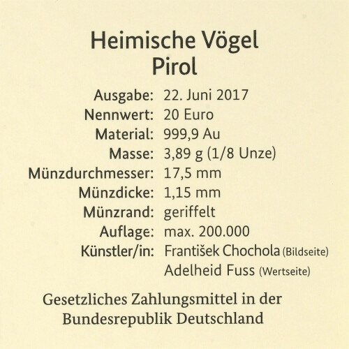 20 Euro Goldmünze Pirol - Deutschland 2017 - Serie:...