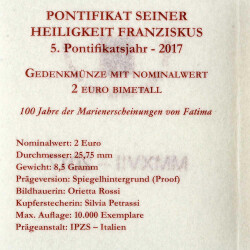 2 Euro Gedenkmünze Vatikan 2017 PP - Erscheinungen von Fatima - im Etui