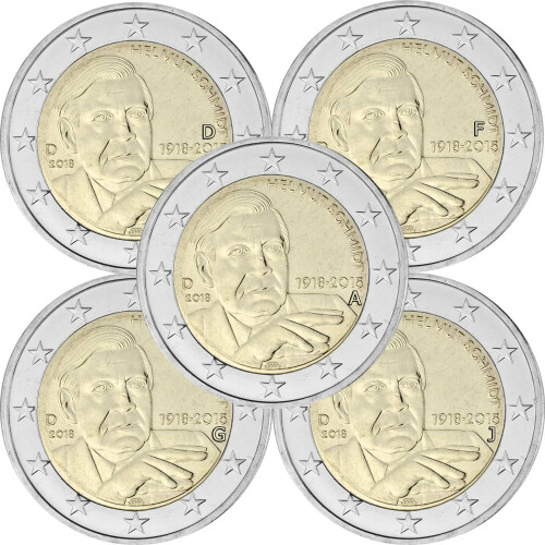 5 x 2 Euro Gedenkmünze Deutschland 2018 bfr. - Helmut Schmidt (A-J)