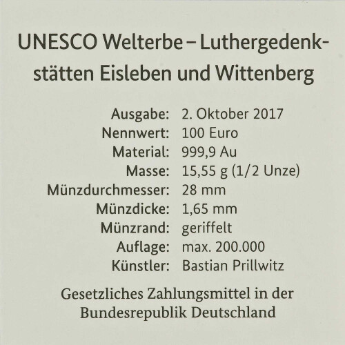 100 Euro Deutschland 2017 Gold st - UNESCO...
