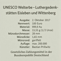 100 Euro Deutschland 2017 Gold st - UNESCO Luthergedenkstätten Eisleben und Wittenberg