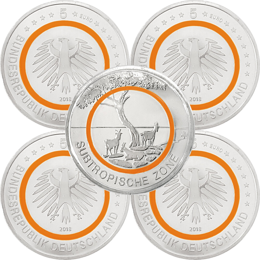 5 Euro Münze Subtropische Zone Wert 5 x 5 Euro Gedenkmünze Deutschland 2018 bfr. - Subtropische Zone - A