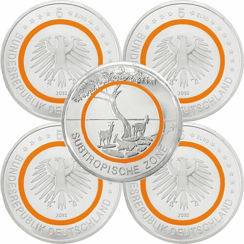 5 x 5 Euro Gedenkmünze Deutschland 2018 bfr. - Subtropische Zone - A D F G J