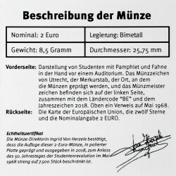 2 Euro Gedenkmünze Belgien 2018 PP - Studentenrevolte 1968