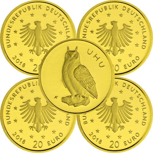 5 x 20 Euro Goldmünze "Uhu" - Deutschland 2018 - Serie: "Heimische Vögel" - A D F G J