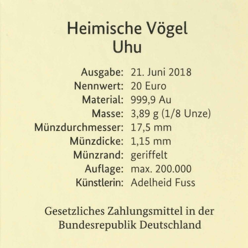 5 x 20 Euro Goldmünze Uhu - Deutschland 2018 - Serie:...