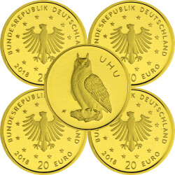 5 x 20 Euro Goldmünze "Uhu" - Deutschland 2018 - Serie: "Heimische Vögel" - A D F G J