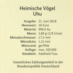 5 x 20 Euro Goldmünze "Uhu" - Deutschland 2018 - Serie: "Heimische Vögel" - A D F G J