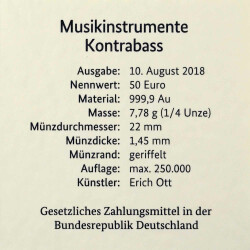 50 Euro Goldmünze Deutschland 2018 - "Kontrabass" - Serie: Musikinstrumente - G Karlsruhe