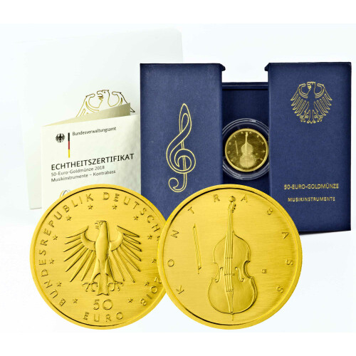 50 Euro Goldmünze Deutschland 2018 - "Kontrabass" - Serie: Musikinstrumente - J Hamburg