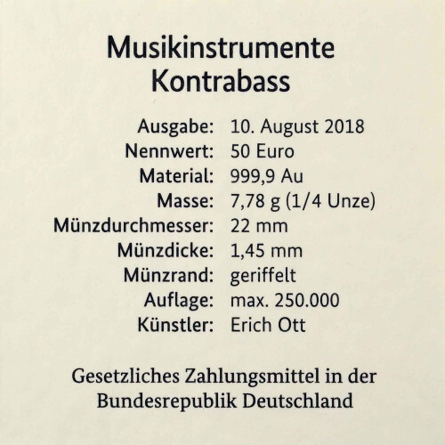 50 Euro Goldmünze Deutschland 2018 - Kontrabass - Serie:...