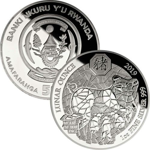 50 Francs Ruanda 2019 - 1 Unze Silber PP - Lunar: Jahr des Schweins Year of the pig