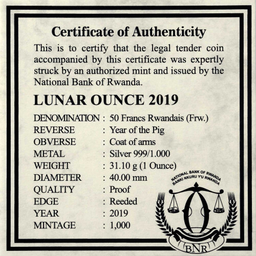 50 Francs Ruanda 2019 - 1 Unze Silber PP - Lunar: Jahr...