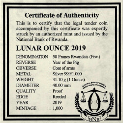 50 Francs Ruanda 2019 - 1 Unze Silber PP - Lunar: Jahr des Schweins Year of the pig