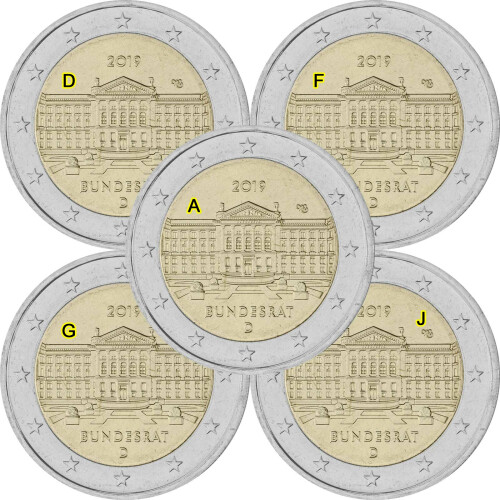 5 x 2 Euro Gedenkmünze Deutschland 2019 bfr. - Bundesrat (A-J)