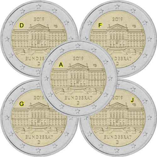 5 x 2 Euro Gedenkmünze Deutschland 2019 bfr. - Bundesrat (A-J)