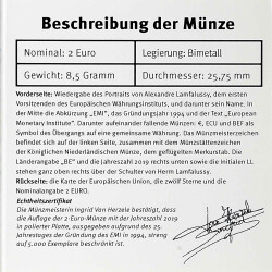 2 Euro Gedenkmünze Belgien 2019 PP - Europäisches Währungsinstitut - im Etui