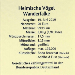 20 Euro Goldmünze "Wanderfalke" - Deutschland 2019 - Serie: "Heimische Vögel" - F Stuttgart