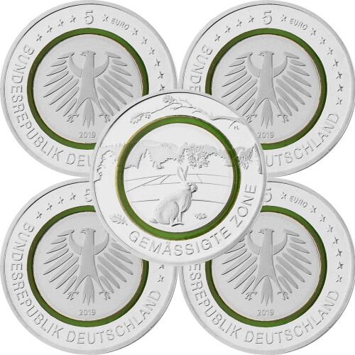 5 x 5 Euro Gedenkmünze Deutschland 2019 bfr. - Gemäßigte Zone - A D F G J