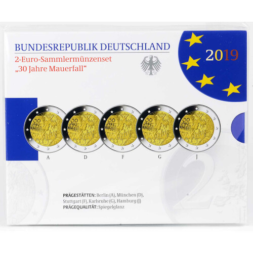 5 x 2 Euro Gedenkmünze Deutschland 2019 PP - Mauerfall - im Blister