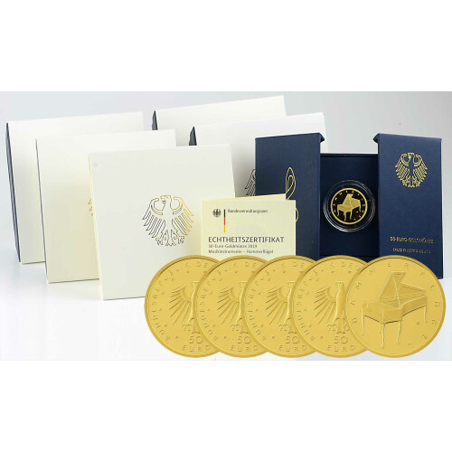 5 x 50 Euro Goldmünze Deutschland 2019 - "Hammerflügel" - Serie: Musikinstrumente - A D F G J