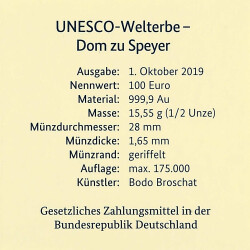 100 Euro Deutschland 2019 Gold st - UNESCO Dom zu Speyer