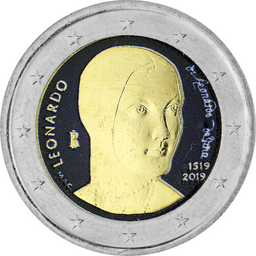 2 Euro Italien 2019 - Leonardo da Vinci - coloriert / mit Farbe