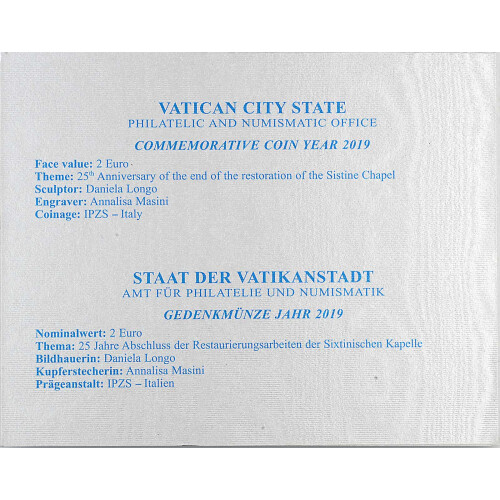 2 Euro Gedenkmünze Vatikan 2019 st - Sixtinische Kapelle...