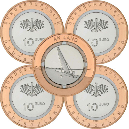 5 x 10 Euro Gedenkmünze Deutschland 2020 bfr. - An Land - A D F G J