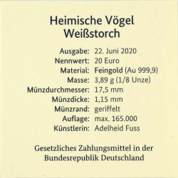 20 Euro Goldmünze "Weißstorch" - Deutschland 2020 - Serie: "Heimische Vögel" - G Karlsruhe