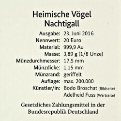 20 Euro Goldmünze "Nachtigall" - Deutschland 2016 - Serie: "Heimische Vögel" - D München