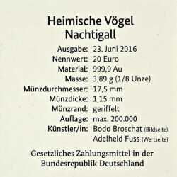 5 x 20 Euro Goldmünze "Nachtigall" - Deutschland 2016 - Serie: "Heimische Vögel" - A D F G J