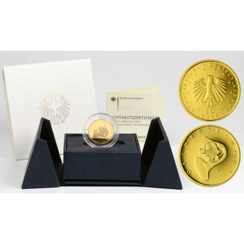 50 Euro Goldmünze Deutschland 2020 - "Orchesterhorn" - Serie: Musikinstrumente - G Karlsruhe