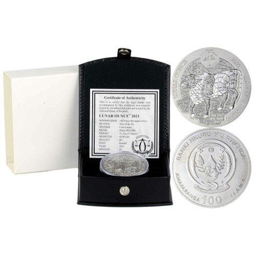 100 Francs Ruanda 2021 - 1 Unze Platin BU - Lunar: Jahr des Ochsen