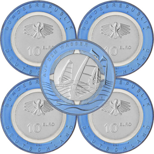 5 x 10 Euro Gedenkmünze Deutschland 2021 bfr. - Auf dem Wasser - A D F G J