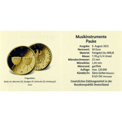 50 Euro Goldmünze Deutschland 2021 - "Pauke" - Serie: Musikinstrumente
