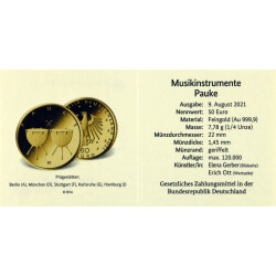50 Euro Goldmünze Deutschland 2021 - "Pauke" - Serie: Musikinstrumente - F Stuttgart