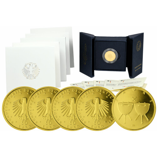 5 x 50 Euro Goldmünze Deutschland 2021 - "Pauke" - Serie: Musikinstrumente - Serie: A D F G J