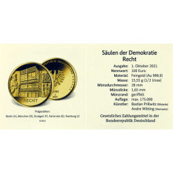 100 Euro Deutschland 2021 Gold st - Recht - F Stuttgart