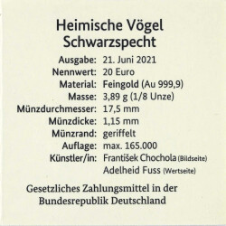 20 Euro Goldmünze "Schwarzspecht" - Deutschland 2021 - Serie: "Heimische Vögel" - A Berlin