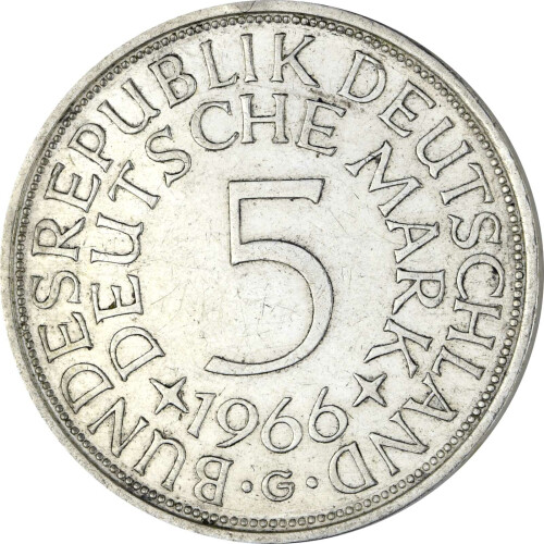 5 DM Kursmünze Silberadler 1966 G vz+ - Fehlprägung ohne Randschrift!