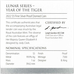 5 Dollar Australien 2022 1 Unze Silber PP - Jahr des Tigers gewölbt Dome-Shape