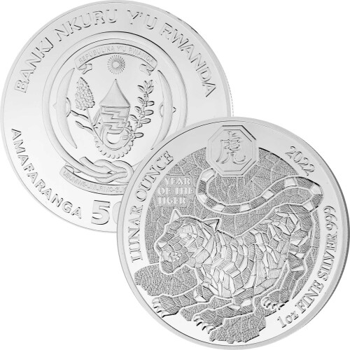50 Francs Ruanda 2022 - 1 Unze Silber BU - Lunar: Jahr des Tigers
