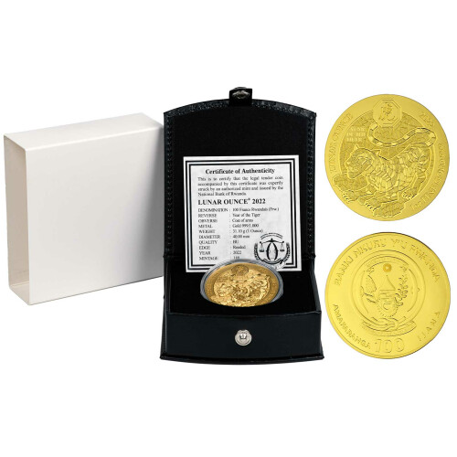 100 Francs Ruanda 2022 - 1 Unze Gold BU - Lunar: Jahr des Tigers