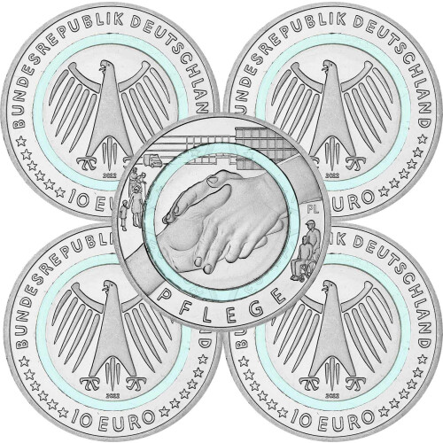 5 x 10 Euro Gedenkmünze Deutschland 2022 bfr. - Pflege - A D F G J
