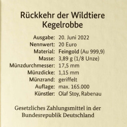 20 Euro Goldmünze "Kegelrobbe" - Deutschland 2022 - Serie "Rückkehr der Wildtiere"
