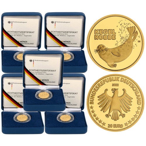 5 x 20 Euro Goldmünze "Kegelrobbe" - Deutschland 2022 - Serie "Rückkehr der Wildtiere" - ADFGJ