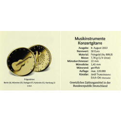 50 Euro Goldmünze Deutschland 2022 - "Konzertgitarre" - Serie: Musikinstrumente - D München